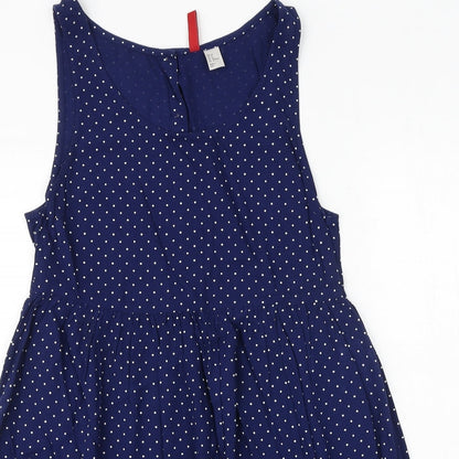 H&M Womens Blue Polka Dot Viscose Fit & Flare Size 8 Round Neck Button