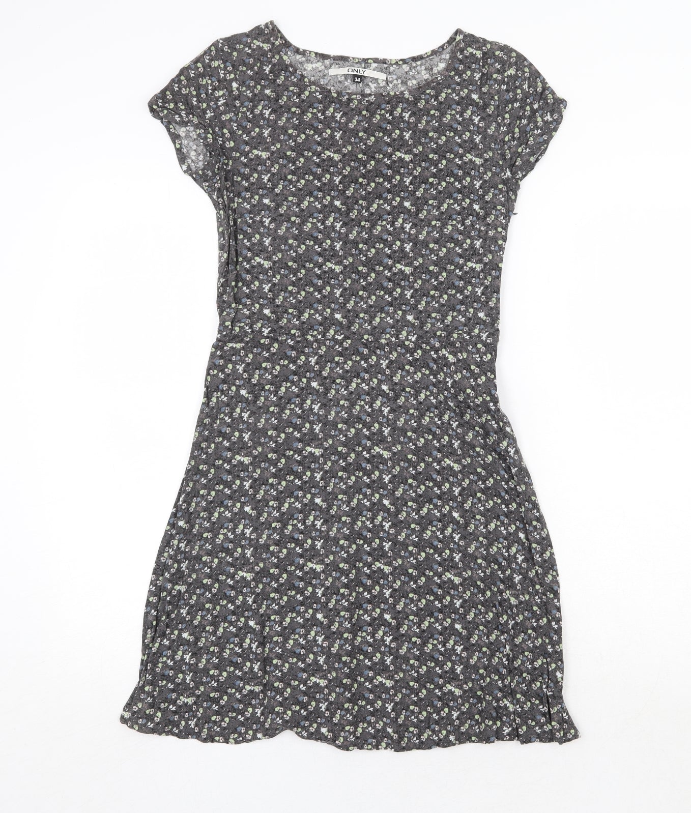 Only Womens Grey Floral Viscose A-Line Size 6 Round Neck Zip