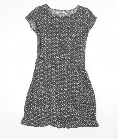 Only Womens Grey Floral Viscose A-Line Size 6 Round Neck Zip