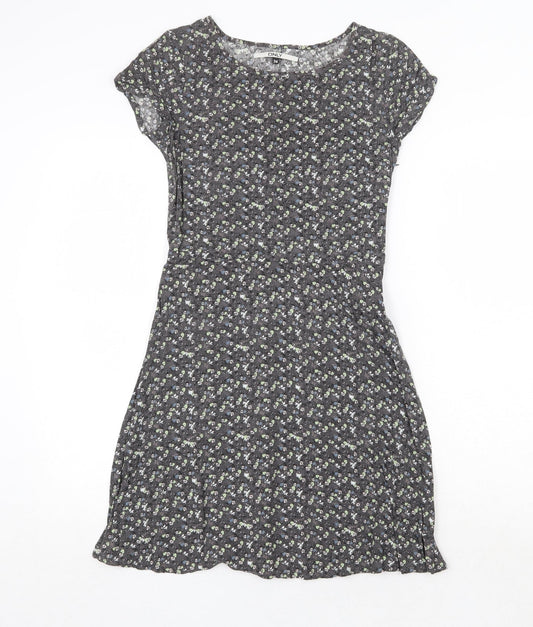 Only Womens Grey Floral Viscose A-Line Size 6 Round Neck Zip