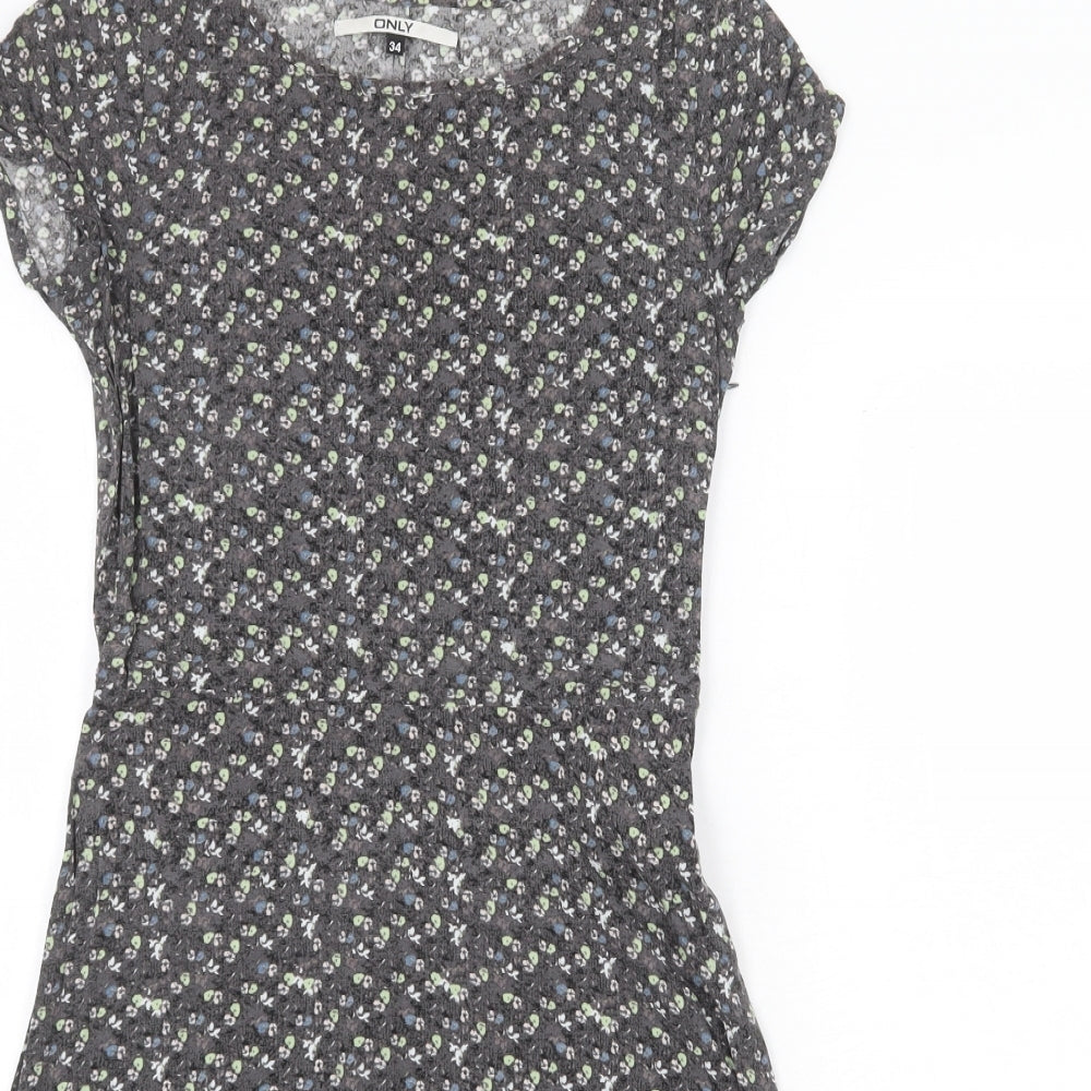 Only Womens Grey Floral Viscose A-Line Size 6 Round Neck Zip