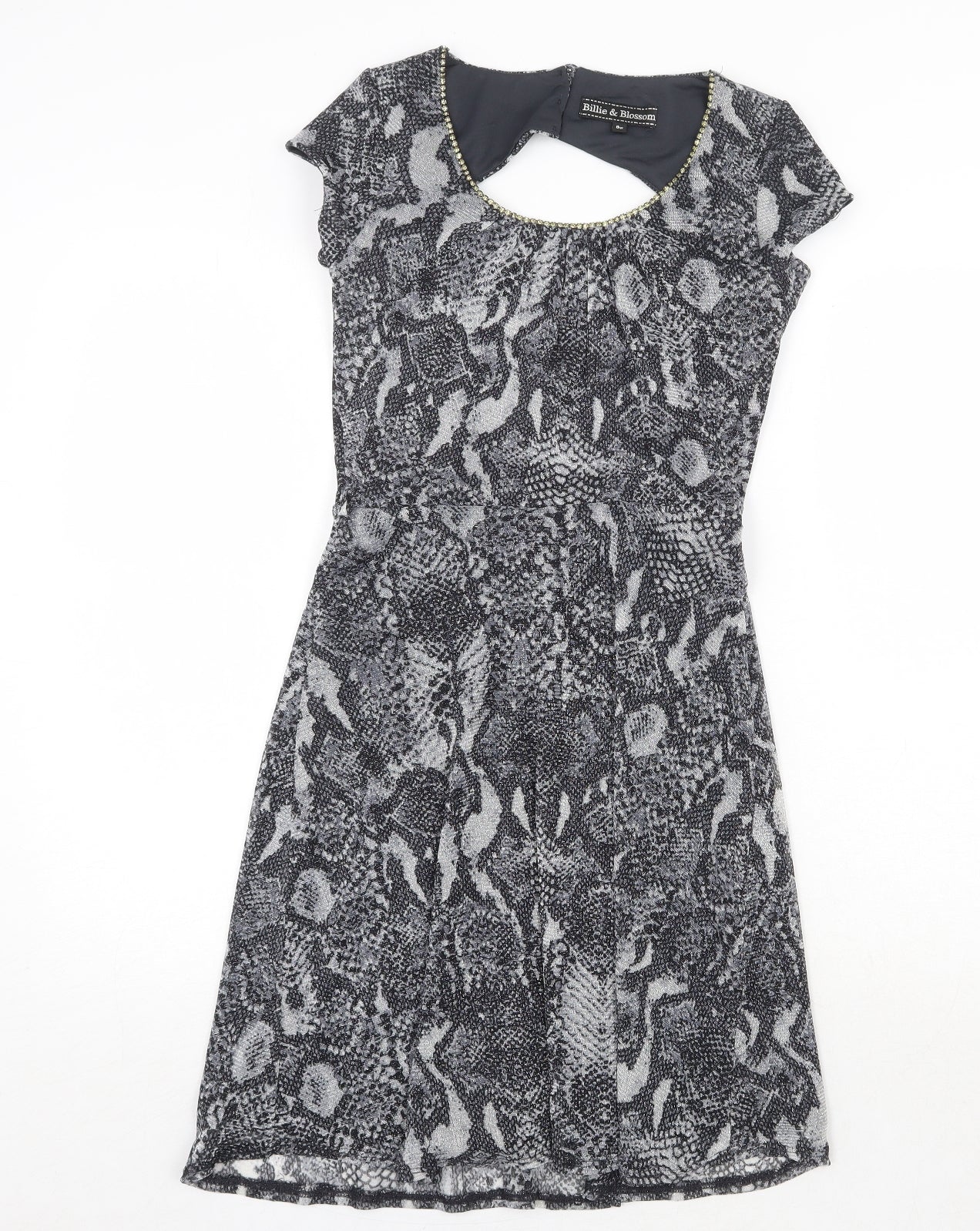 Dorothy Perkins Womens Grey Animal Print Nylon Trapeze & Swing Size 8 Round Neck Button - Snakeskin Pattern