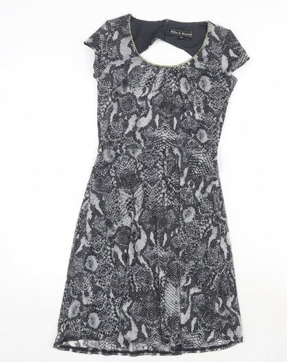 Dorothy Perkins Womens Grey Animal Print Nylon Trapeze & Swing Size 8 Round Neck Button - Snakeskin Pattern