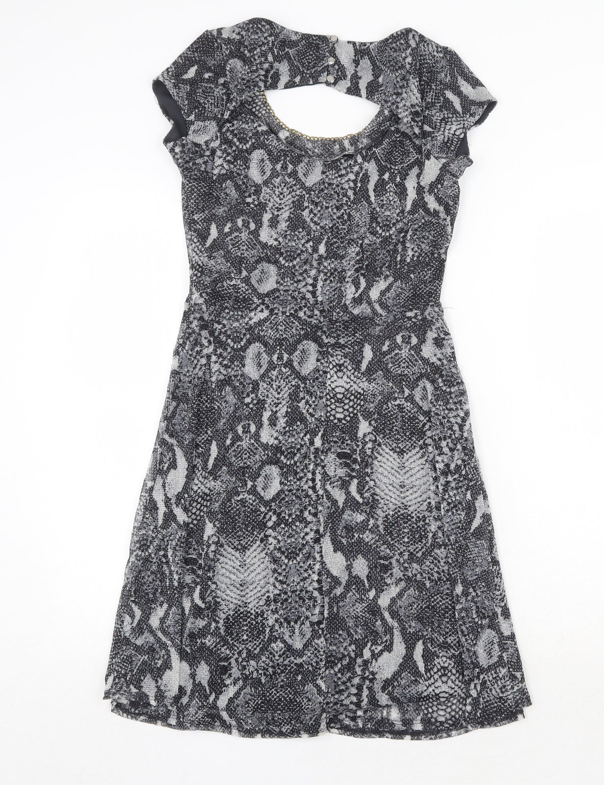 Dorothy Perkins Womens Grey Animal Print Nylon Trapeze & Swing Size 8 Round Neck Button - Snakeskin Pattern