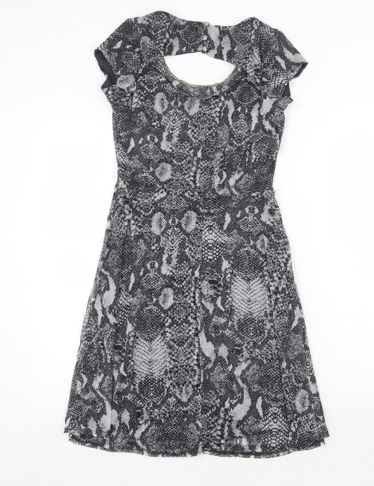 Dorothy Perkins Womens Grey Animal Print Nylon Trapeze & Swing Size 8 Round Neck Button - Snakeskin Pattern