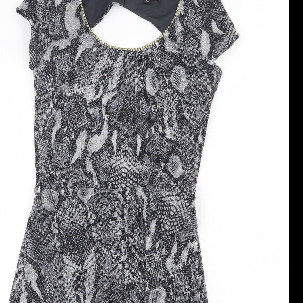 Dorothy Perkins Womens Grey Animal Print Nylon Trapeze & Swing Size 8 Round Neck Button - Snakeskin Pattern