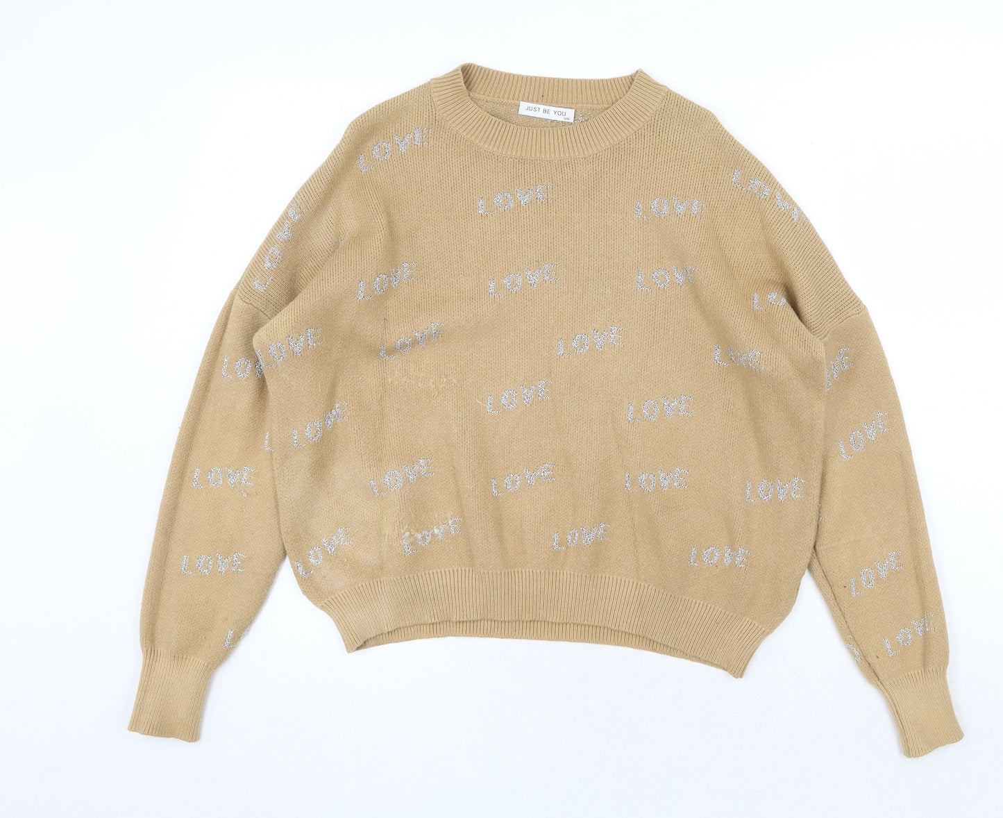 Just Be You Womens Beige Round Neck Geometric Viscose Pullover Jumper Size S - Love