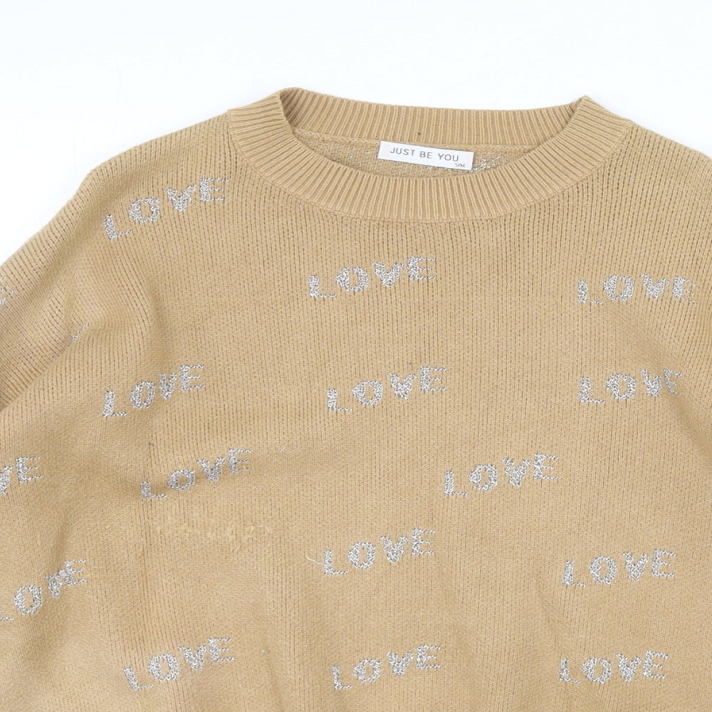 Just Be You Womens Beige Round Neck Geometric Viscose Pullover Jumper Size S - Love