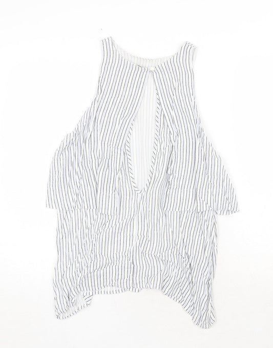 Influence Womens White Striped Viscose Basic Tank Size 10 Round Neck - Open Back