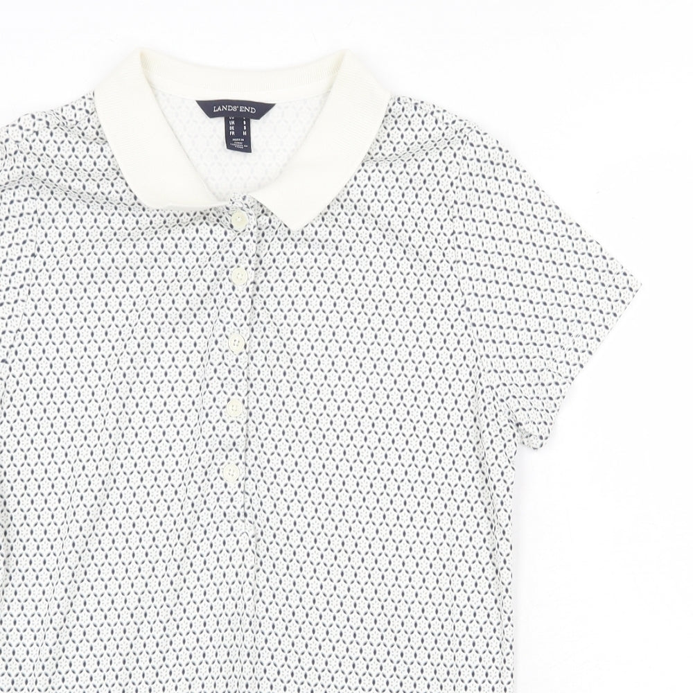 Lands' End Mens White Geometric Cotton Polo Size S Collared Button