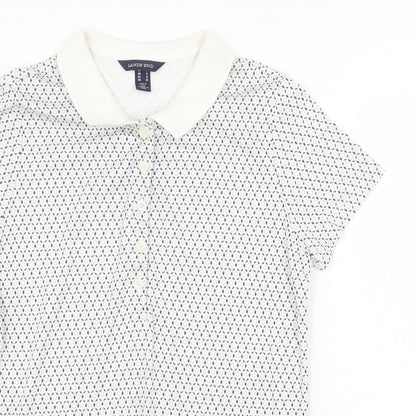 Lands' End Mens White Geometric Cotton Polo Size S Collared Button