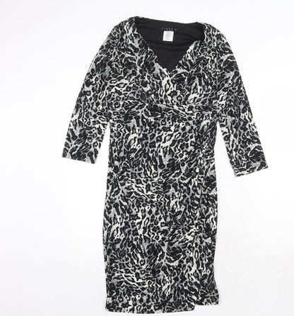 Tiana B Womens Grey Animal Print Polyester A-Line Size 8 V-Neck Pullover - Leopard Pattern