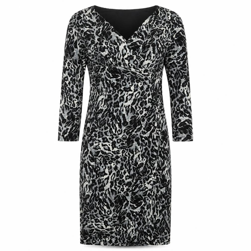 Tiana B Womens Grey Animal Print Polyester A-Line Size 8 V-Neck Pullover - Leopard Pattern