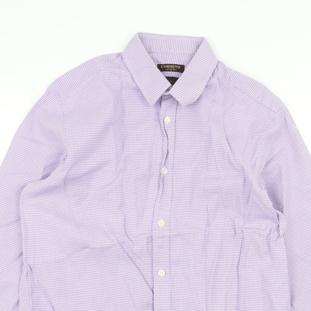 Corsivo Mens Purple Geometric Cotton Button-Up Size 15.5 Collared Button