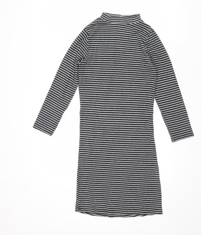 Poof Womens Grey Striped Polyester Jumper Dress Size S Mock Neck Pullover