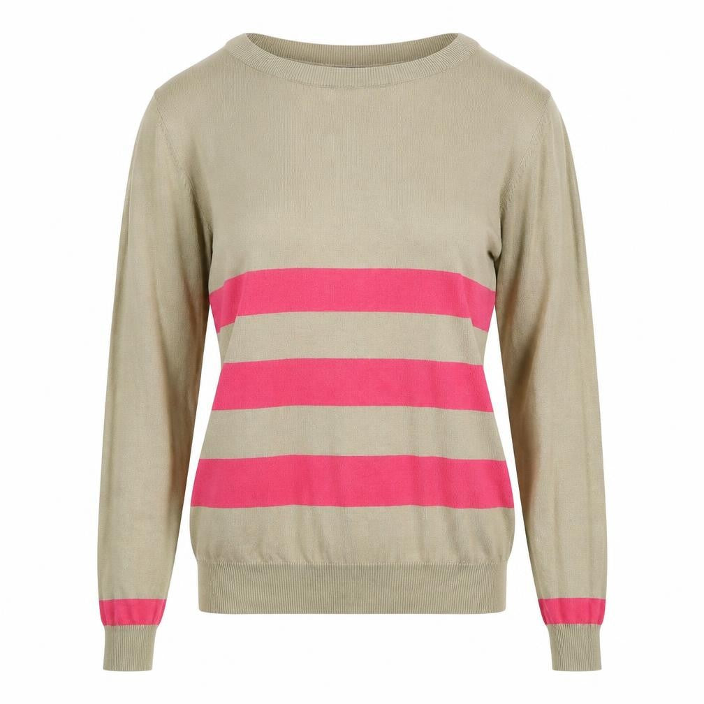 South Womens Beige Round Neck Striped Cotton Pullover Jumper Size 8