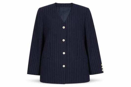 Front view of C&A women’s blue striped polyester jacket suit jacket, size UK 14