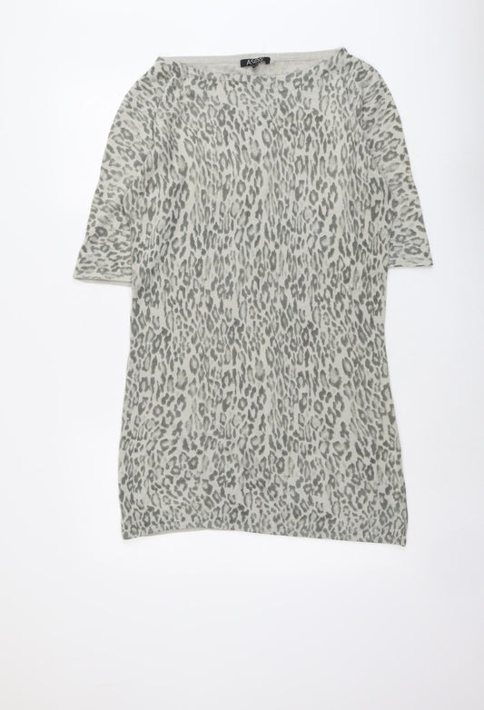 ASOS Womens Beige Animal Print Acrylic A-Line Size 14 Boat Neck Pullover - Leopard Pattern