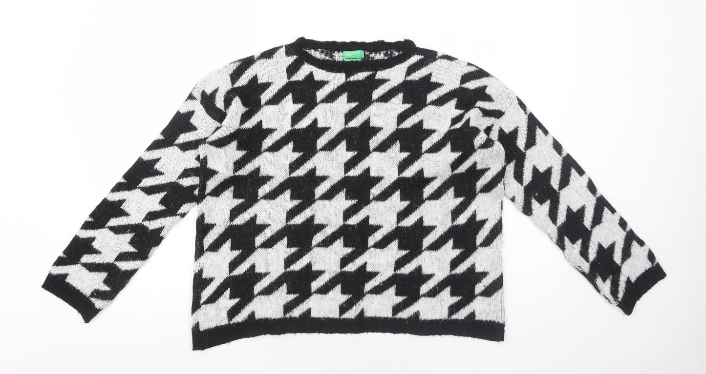 United Colors of Benetton Girls White Round Neck Geometric Acrylic Pullover Jumper Size 13-14 Years Pullover