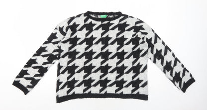 United Colors of Benetton Girls White Round Neck Geometric Acrylic Pullover Jumper Size 13-14 Years Pullover
