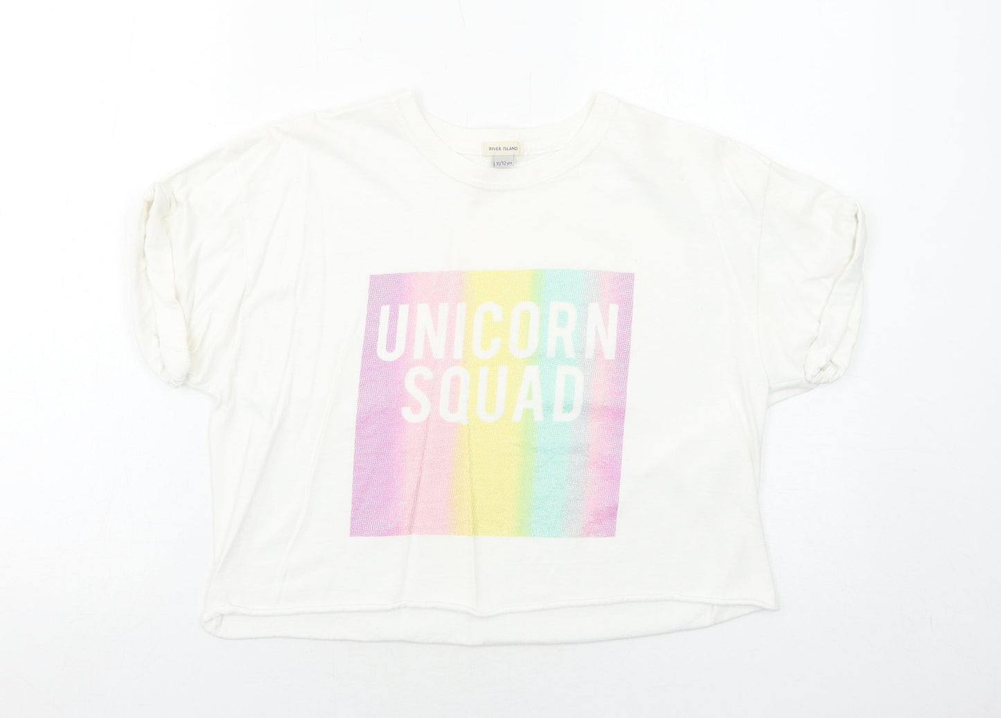 River Island Girls White Cotton Basic T-Shirt Size 11-12 Years Crew Neck Pullover - Unicorn Squad