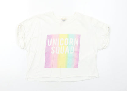 River Island Girls White Cotton Basic T-Shirt Size 11-12 Years Crew Neck Pullover - Unicorn Squad