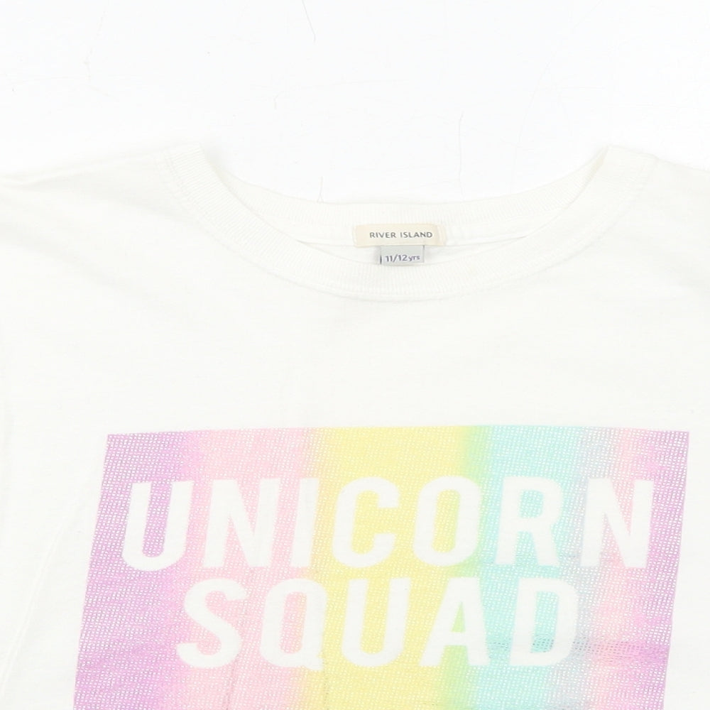 River Island Girls White Cotton Basic T-Shirt Size 11-12 Years Crew Neck Pullover - Unicorn Squad