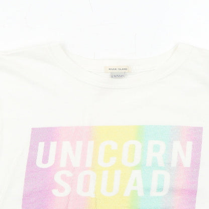 River Island Girls White Cotton Basic T-Shirt Size 11-12 Years Crew Neck Pullover - Unicorn Squad