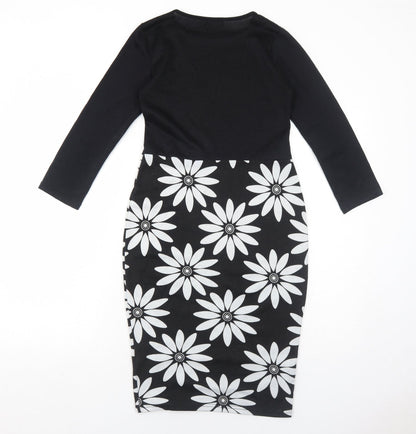Indulgence Womens Black Floral Wool A-Line Size S Round Neck Pullover - Size S-M