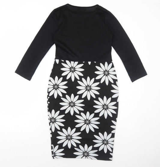 Indulgence Womens Black Floral Wool A-Line Size S Round Neck Pullover - Size S-M