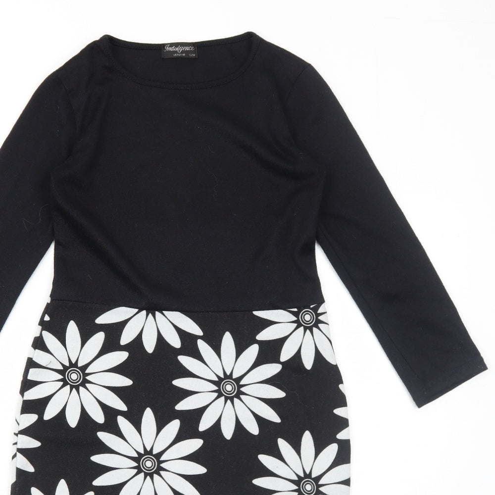 Indulgence Womens Black Floral Wool A-Line Size S Round Neck Pullover - Size S-M