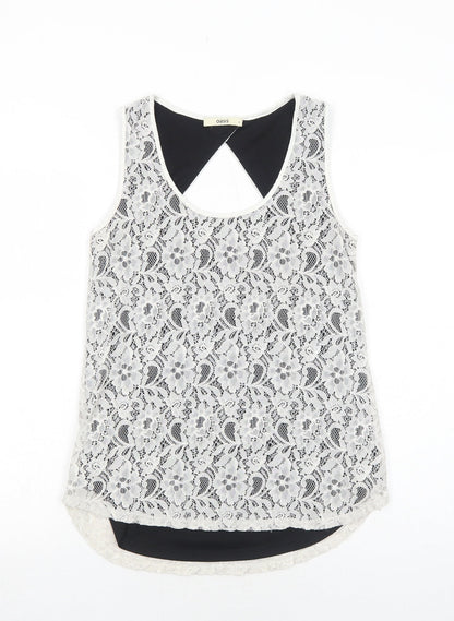 Oasis Womens White Geometric Polyamide Basic Tank Size S Round Neck - Open Back