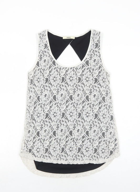 Oasis Womens White Geometric Polyamide Basic Tank Size S Round Neck - Open Back