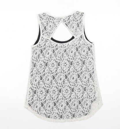 Oasis Womens White Geometric Polyamide Basic Tank Size S Round Neck - Open Back