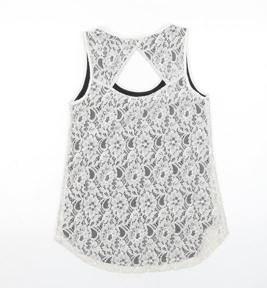 Oasis Womens White Geometric Polyamide Basic Tank Size S Round Neck - Open Back