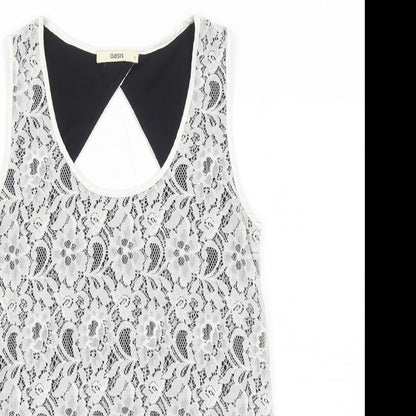Oasis Womens White Geometric Polyamide Basic Tank Size S Round Neck - Open Back