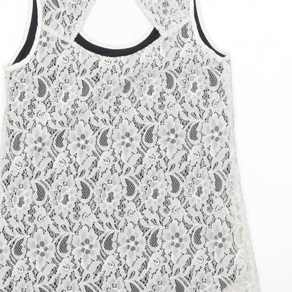 Oasis Womens White Geometric Polyamide Basic Tank Size S Round Neck - Open Back