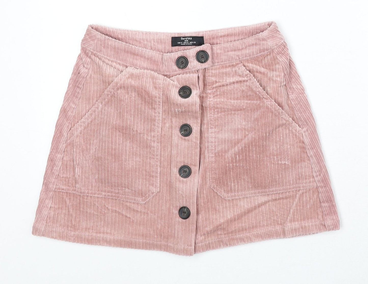 Bershka Womens Pink Cotton Mini Skirt Size S Button