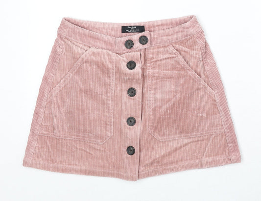 Bershka Womens Pink Cotton Mini Skirt Size S Button