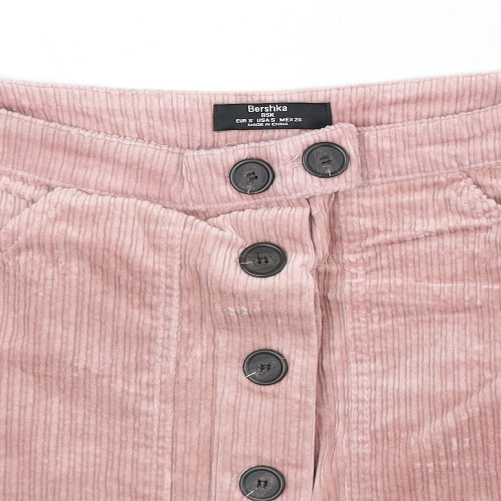 Bershka Womens Pink Cotton Mini Skirt Size S Button