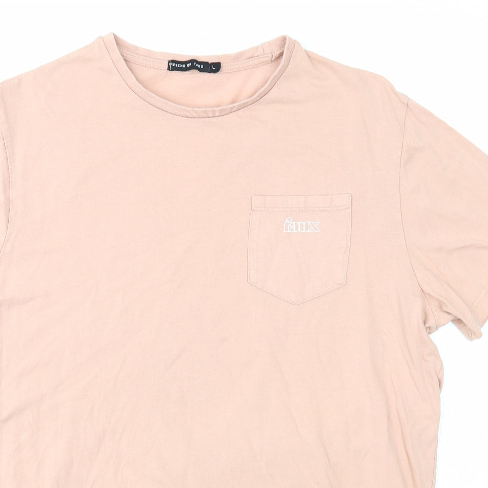 Friend or Faux Womens Pink Cotton Basic T-Shirt Size L Round Neck