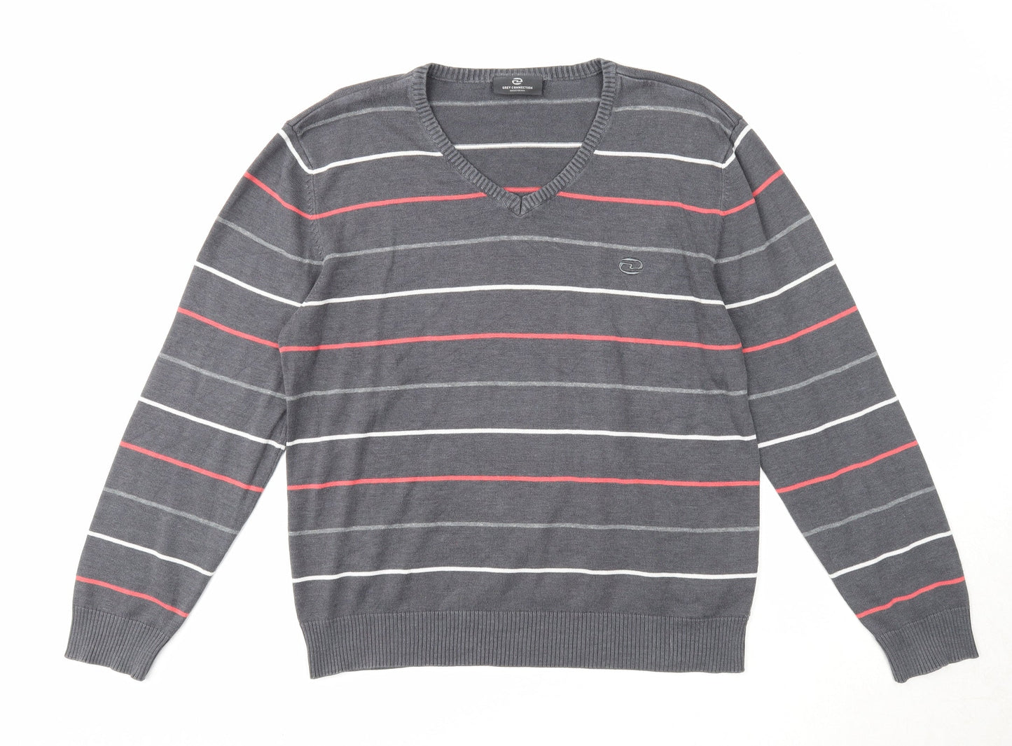 Grey Connection Mens Grey V-Neck Striped Cotton Pullover Jumper Size M Long Sleeve