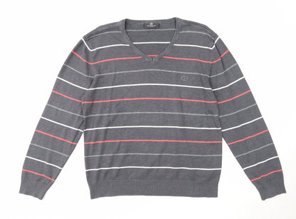 Grey Connection Mens Grey V-Neck Striped Cotton Pullover Jumper Size M Long Sleeve