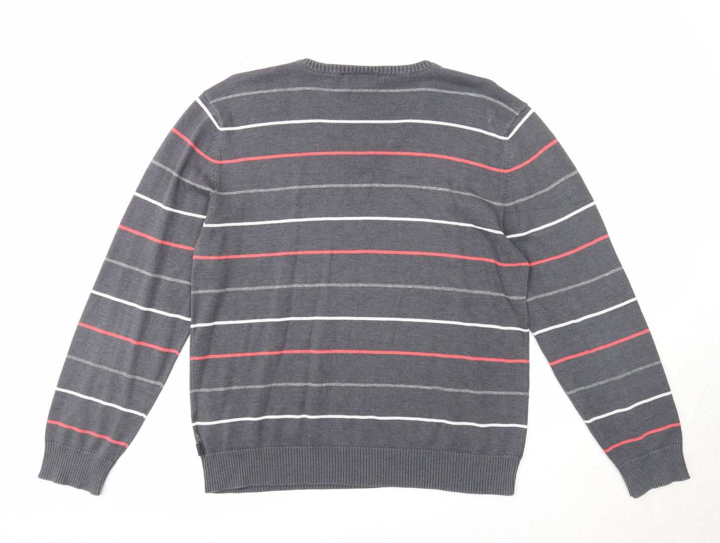 Grey Connection Mens Grey V-Neck Striped Cotton Pullover Jumper Size M Long Sleeve