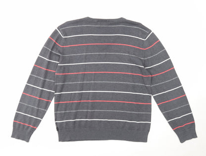 Grey Connection Mens Grey V-Neck Striped Cotton Pullover Jumper Size M Long Sleeve