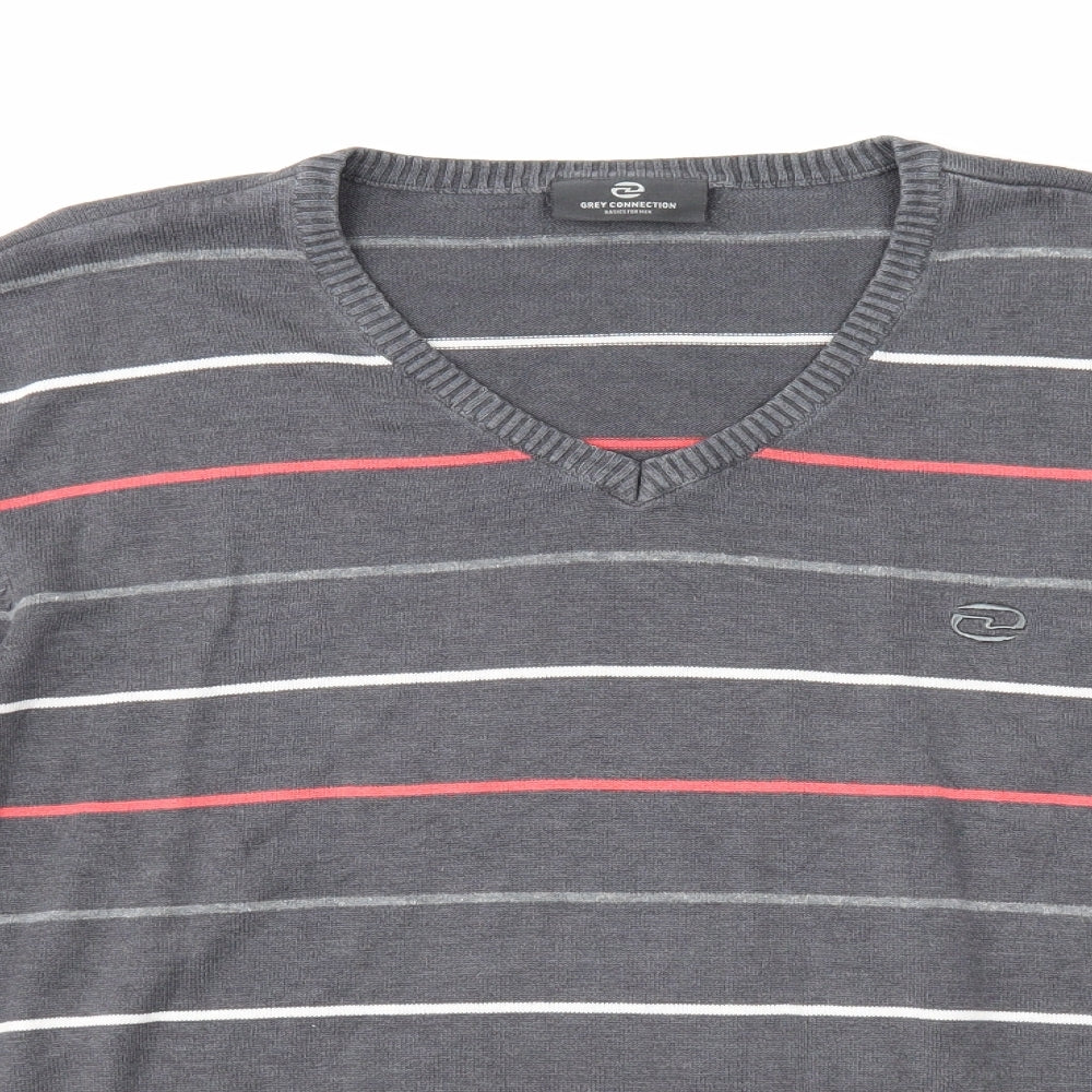 Grey Connection Mens Grey V-Neck Striped Cotton Pullover Jumper Size M Long Sleeve