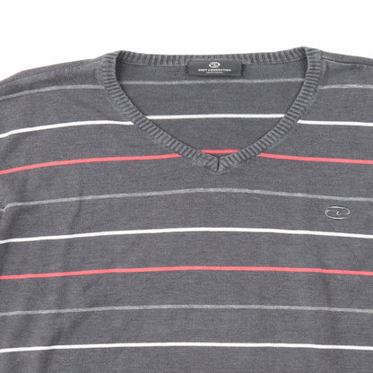 Grey Connection Mens Grey V-Neck Striped Cotton Pullover Jumper Size M Long Sleeve