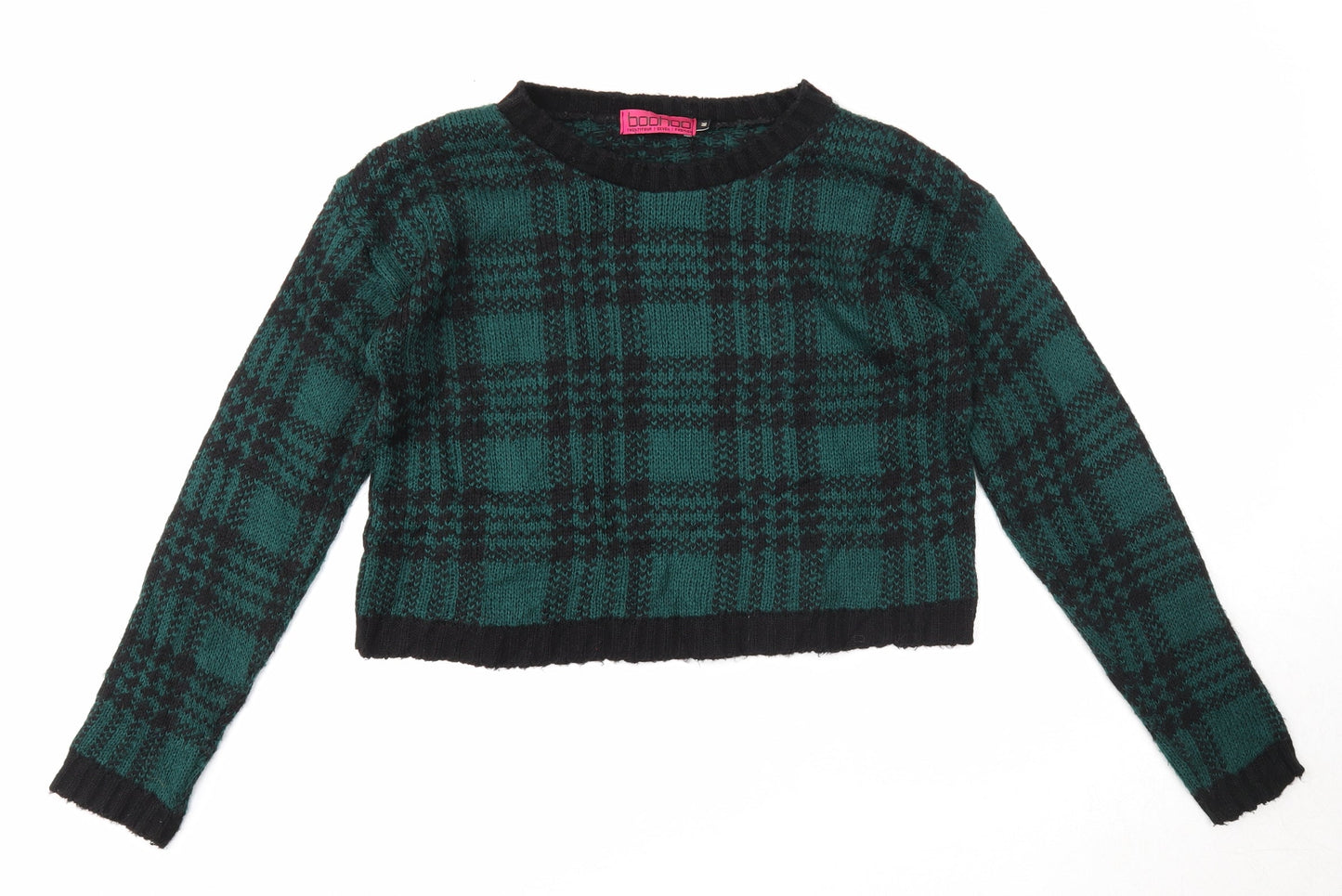 Boohoo Womens Green Round Neck Plaid Acrylic Pullover Jumper Size M