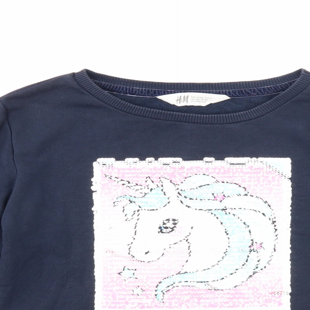 H&M Girls Blue Cotton Pullover Sweatshirt Size 9-10 Years Pullover - Unicorn