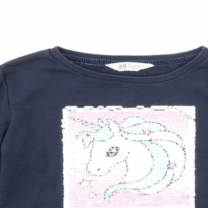H&M Girls Blue Cotton Pullover Sweatshirt Size 9-10 Years Pullover - Unicorn